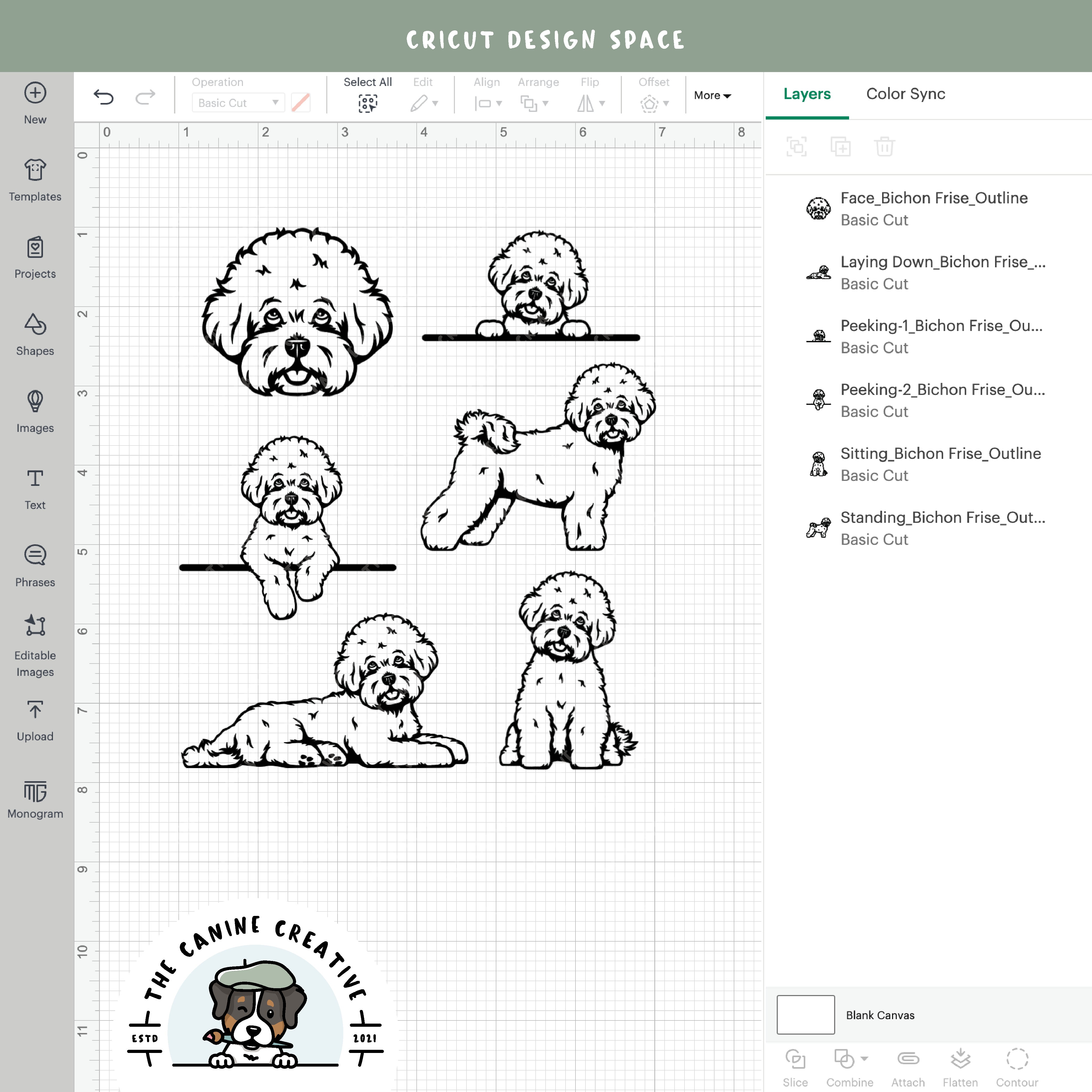 Screenshot showing outline variations of designs inside Cricut Design Space.